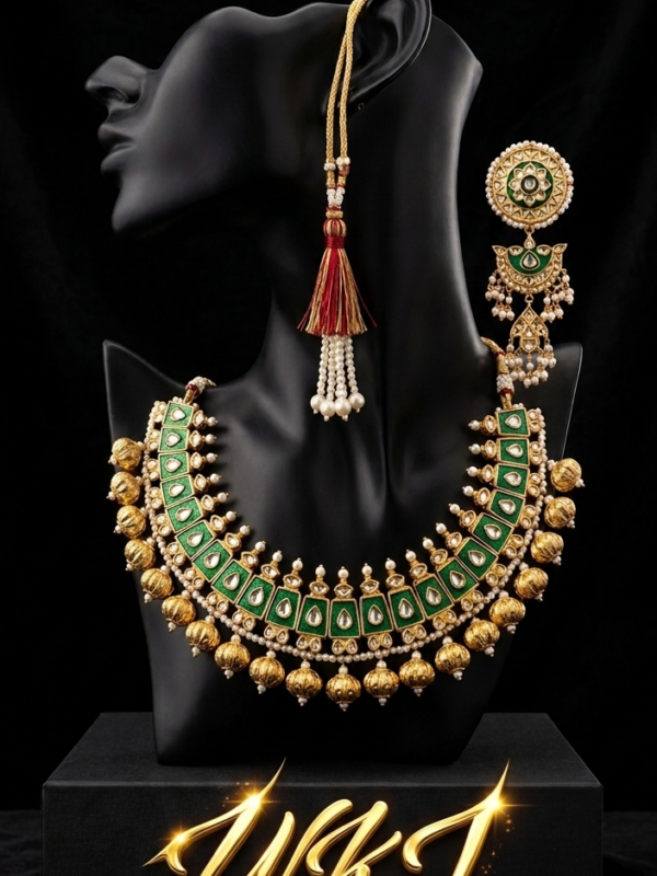 Pakistani Gold Plated Meena Kundan Necklace Set with Multani Balls | Lightweight Bridal Jewelry