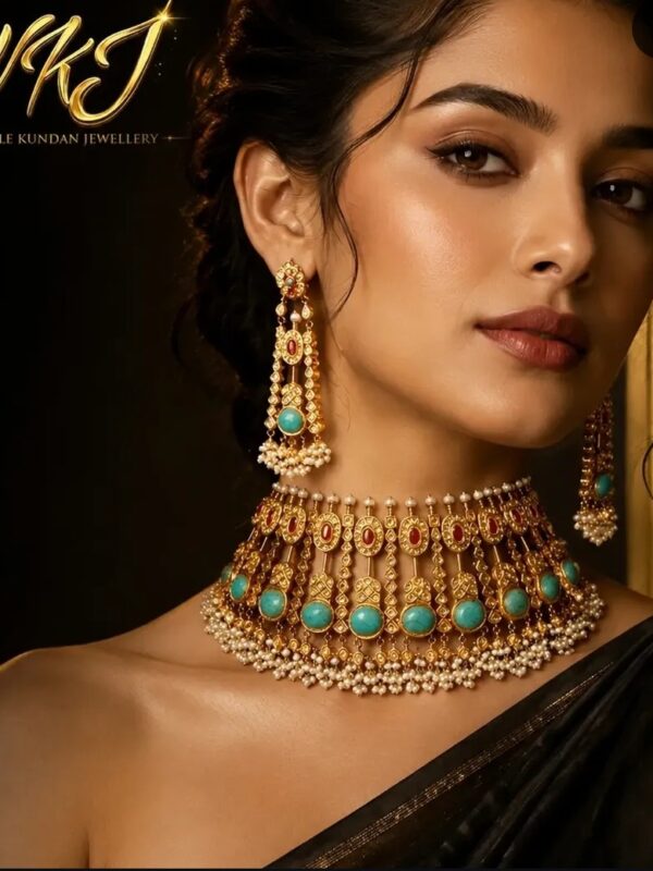 Turquoise Royale – Handmade Gold Plated Kundan Choker Set